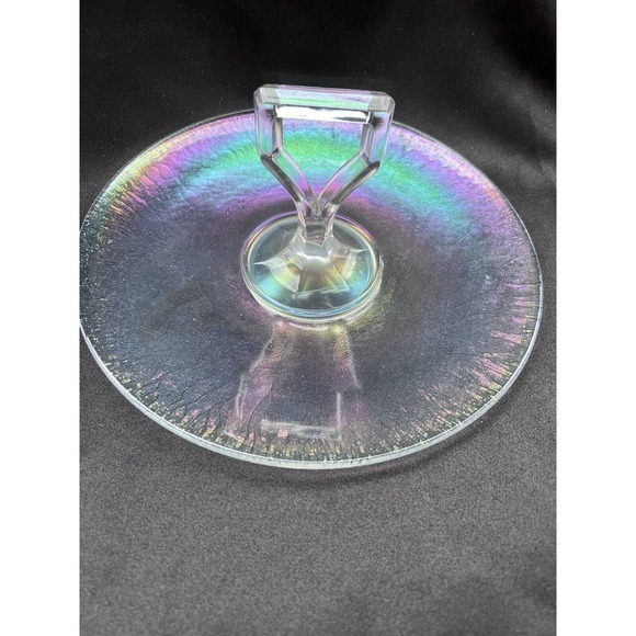 Vintage Clear Iridescent Depression Glass Center Handled Tid Bit Tray - Picture 2 of 14
